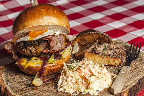 lunch gourmet burger fries coleslaw